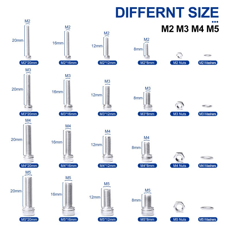 NINDEJIN 880Pcs Screw Nuts and Bolts Assortment Kit, M2 M3 M4 M5 Metric Bolts and Nuts and Washers Set, 304 Stainless Steel Precise Hex Socket Head Cap Machine Screws Set with Allen Wrenches - Image 2